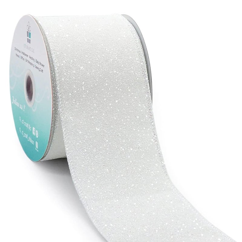 CT CRAFT LLC Glitter Wired Ribbon 2.5" x 10 Yards White for Christmas Home Decor Bow Gift Wrapping DIY Crafts Wreath - Image 1